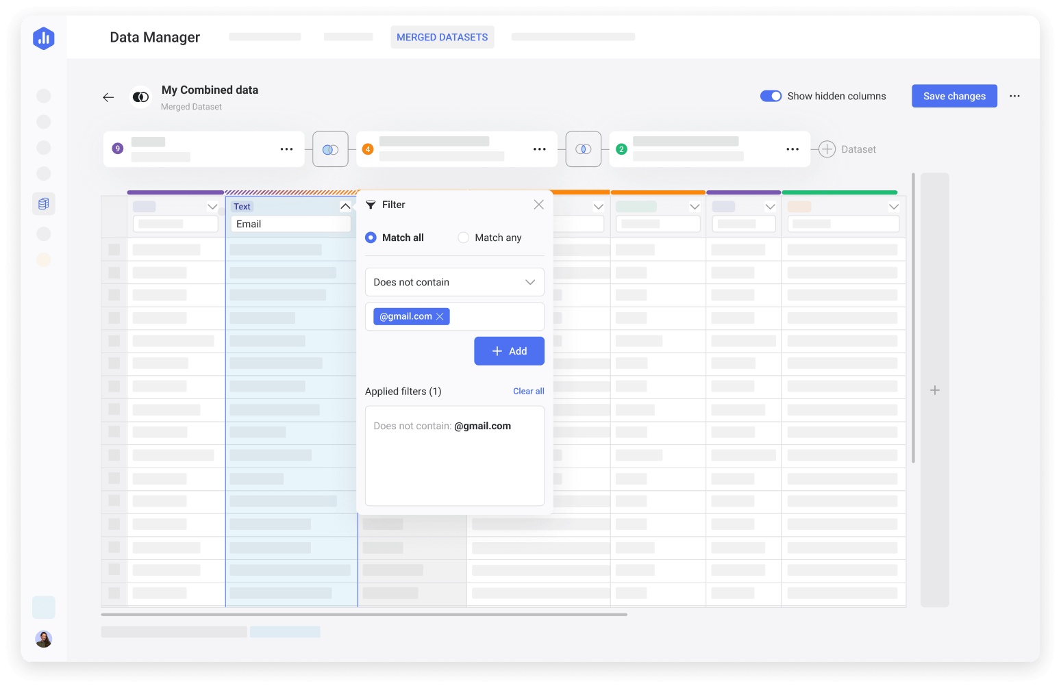 Databox Data Manager with combined datasets and filter options for data refinement