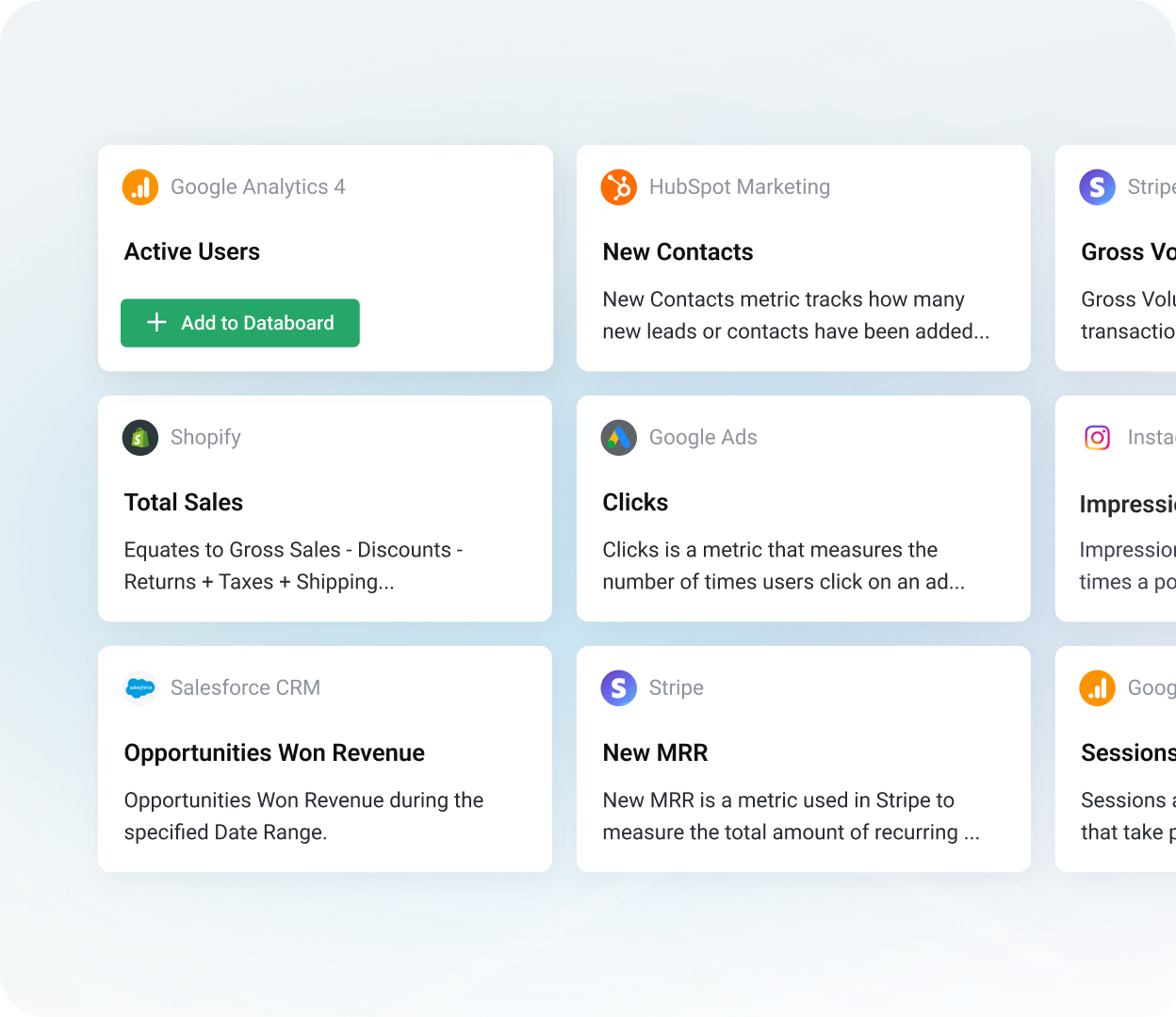 Databox pre-built metrics interface showing ready-to-use KPIs from popular business tools